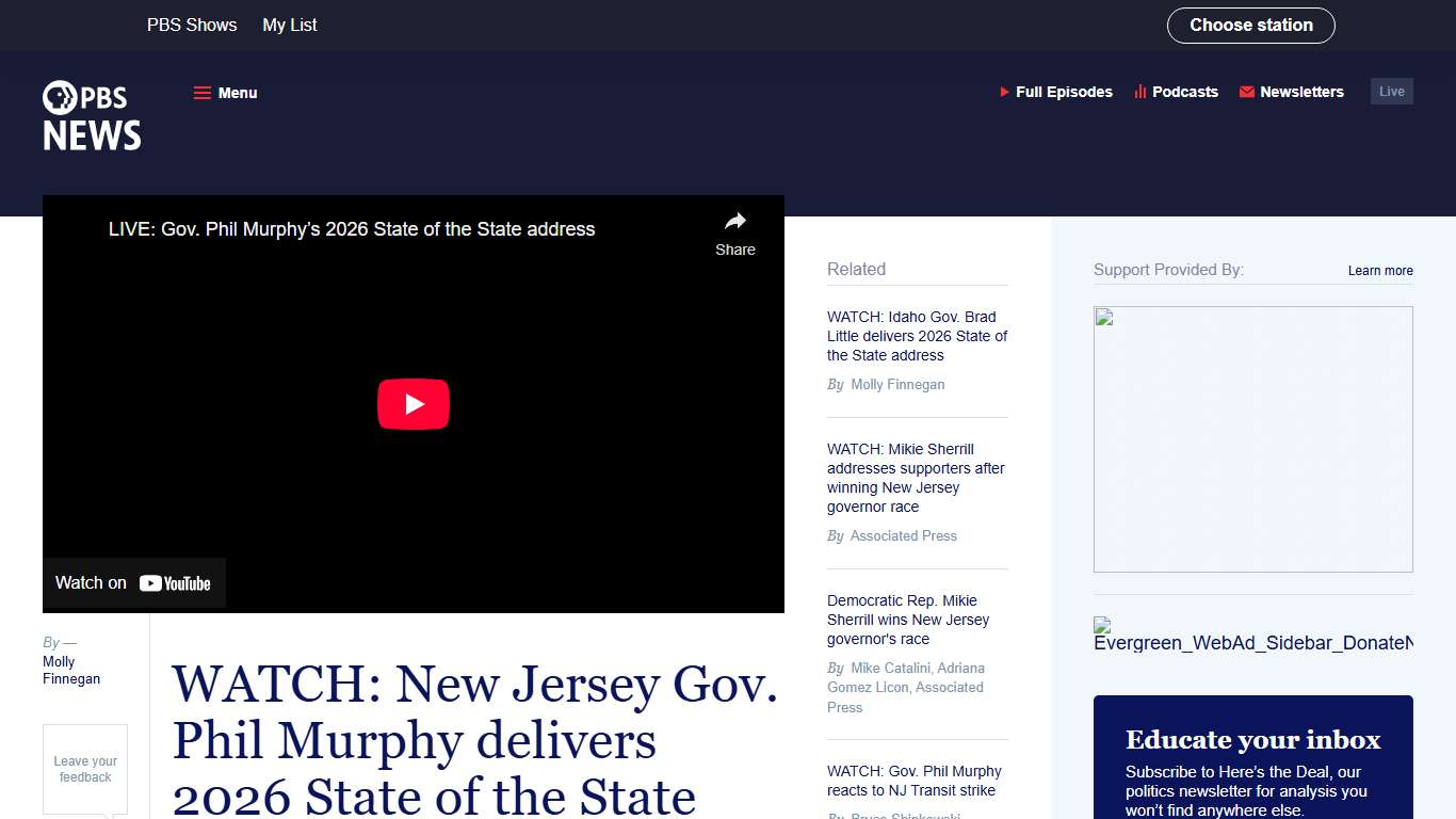 WATCH: New Jersey Gov. Phil Murphy delivers 2026 State of the State address | PBS News