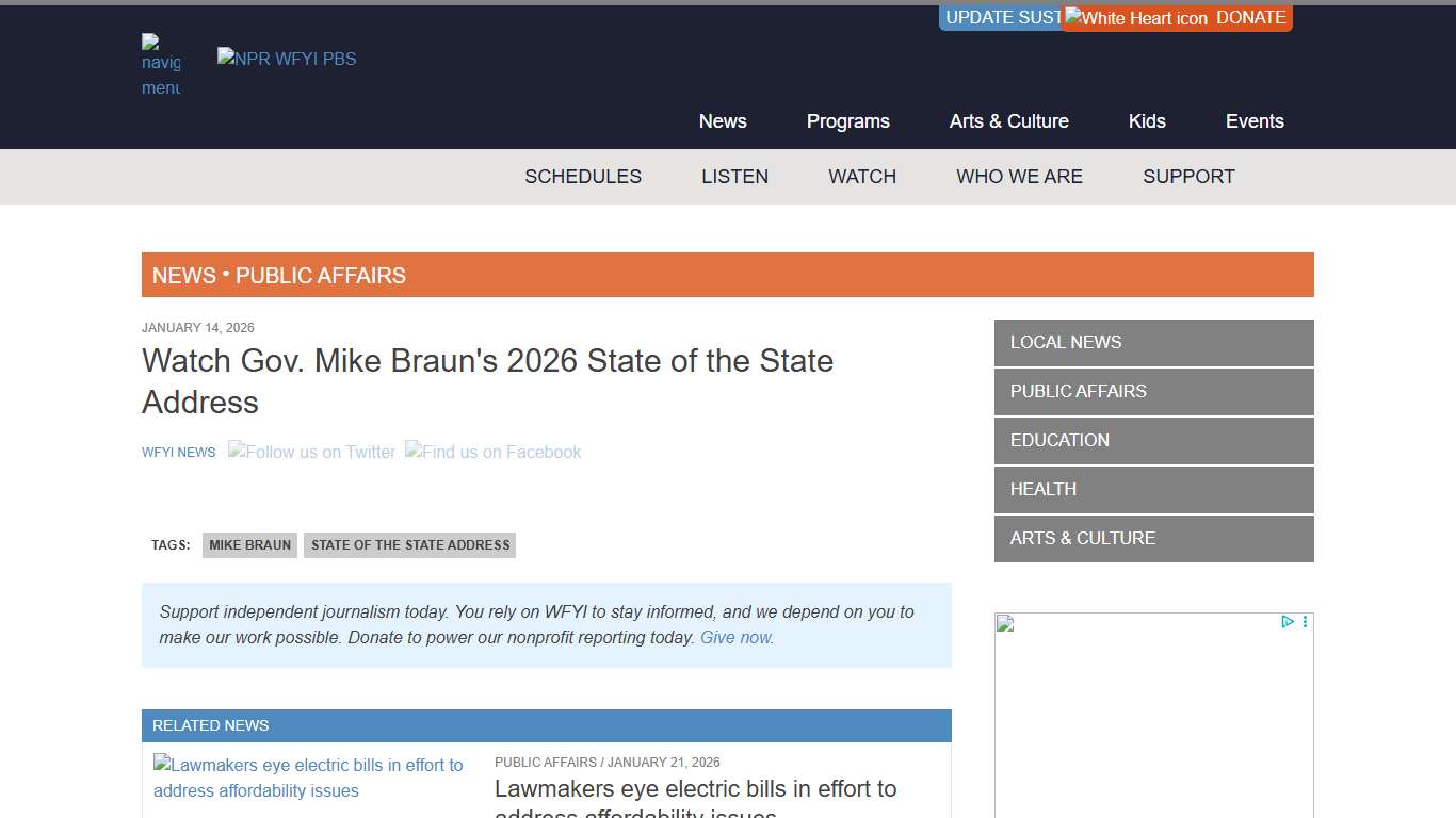 Watch Gov. Mike Braun's 2026 State of the State Address